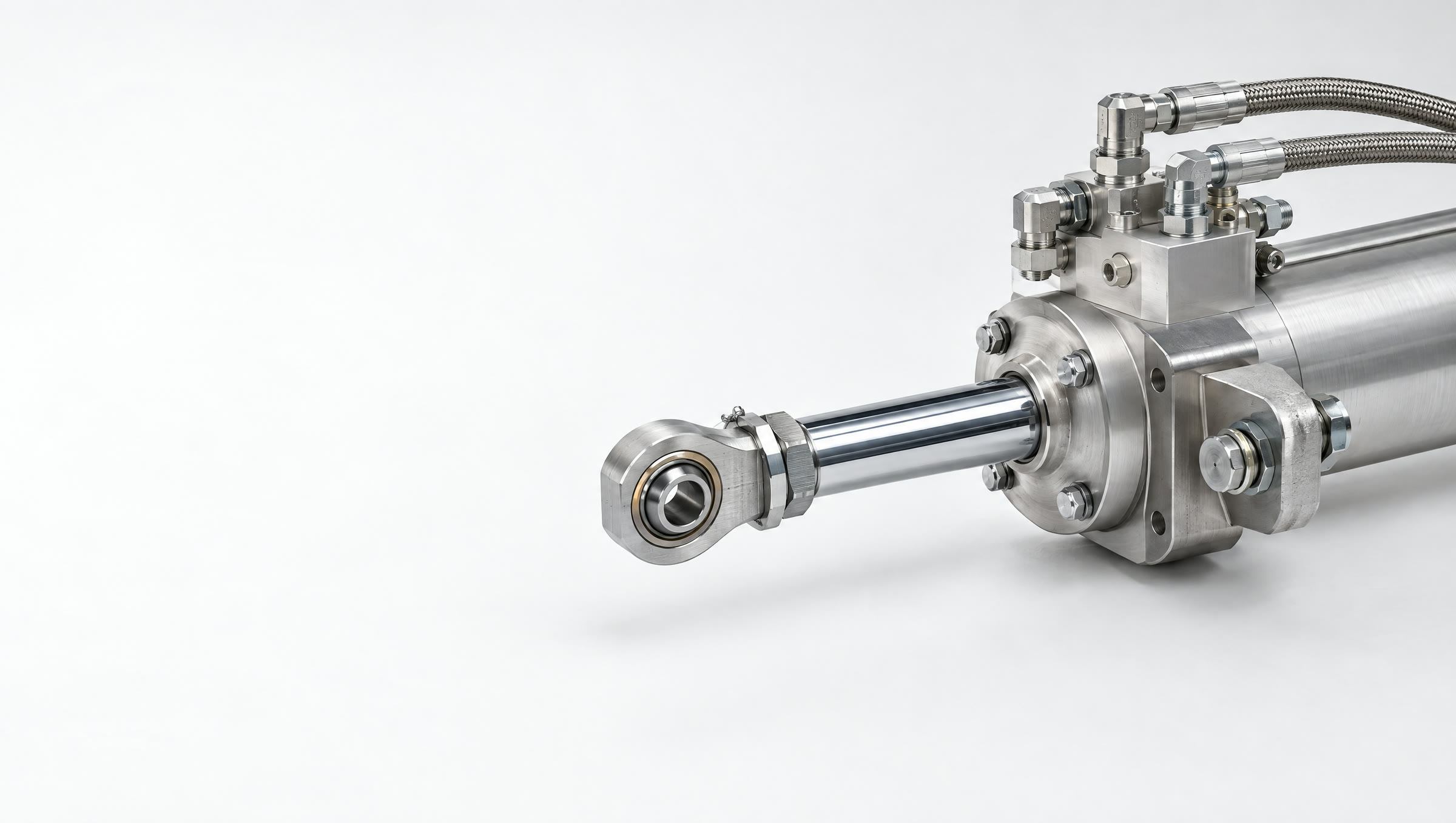 A precision hydraulic actuator in steel and aluminium, close up